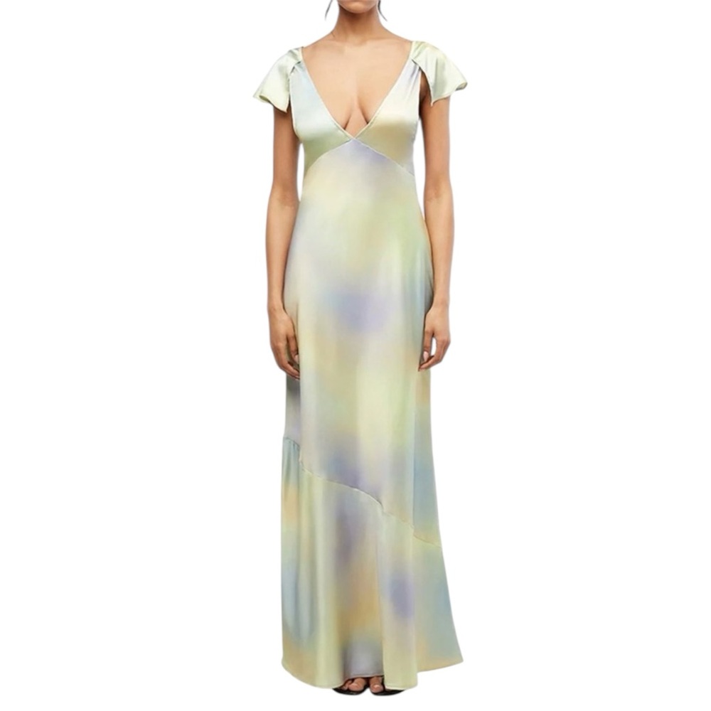 WeWoreWhat Green and Yellow Watercolor Lace Midi Slip Dress Flutter Sleeve Gown